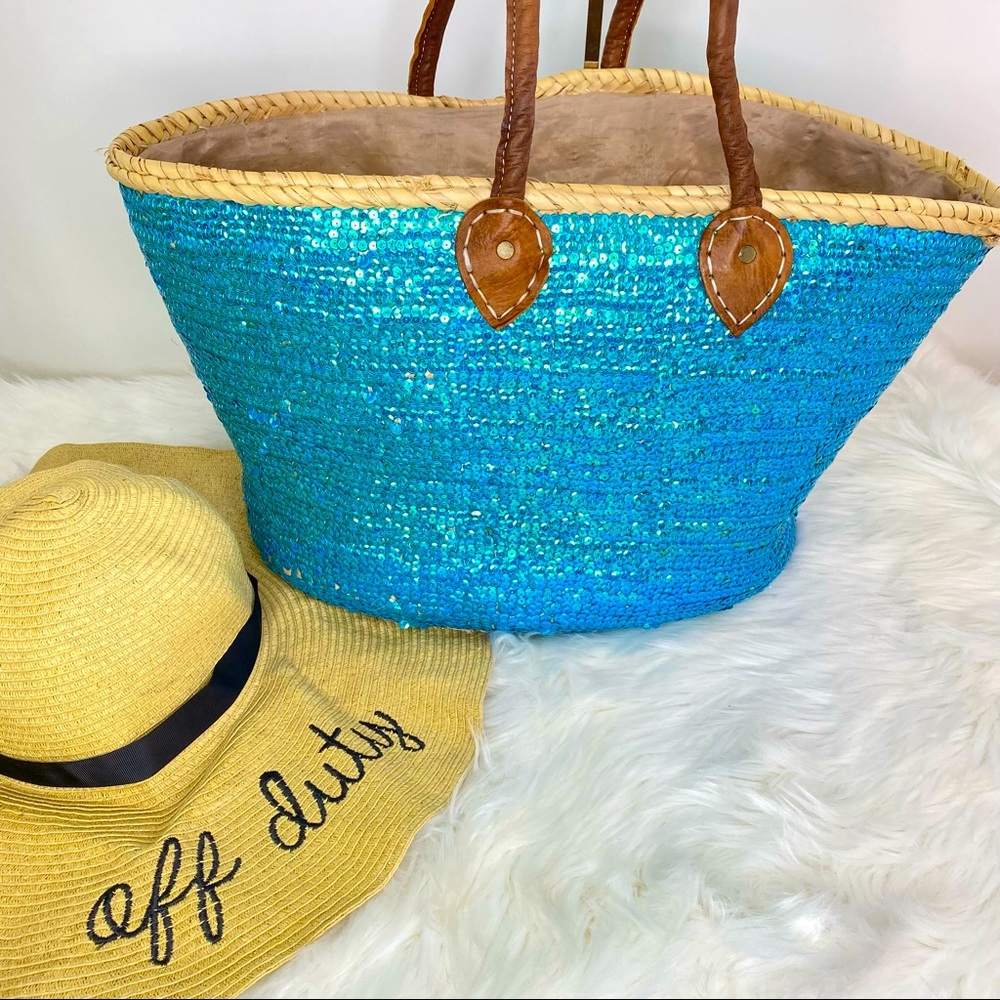Moroccan Jute and Leather Tote with Blue Sequins